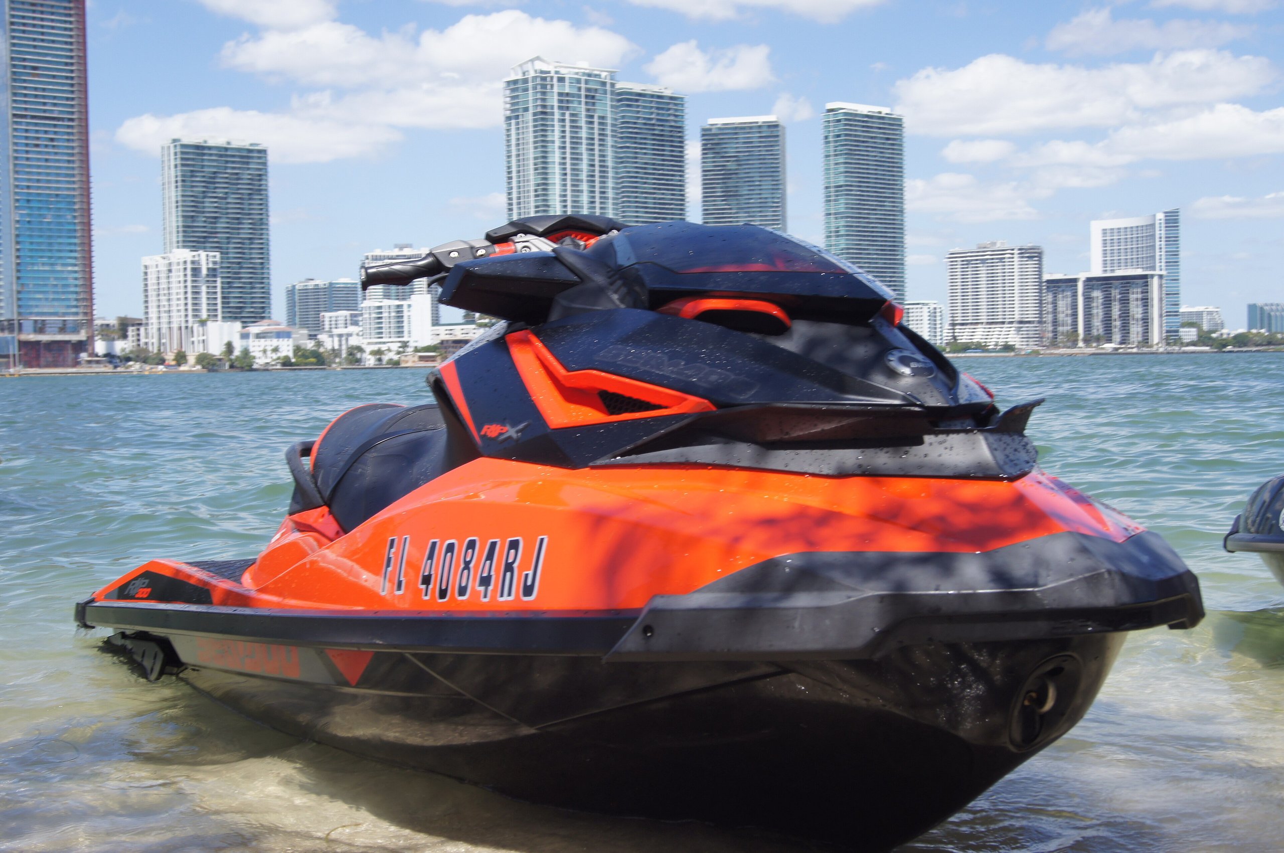 Orange Sea-Doo personal watercraft at the Miami waterfront